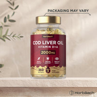 Horbäach Cod Liver Oil Capsules High Strength | 2000mg | 360 Softgel Pills | Rich in Omega 3, Vitamins A & D | Supplement with 171mg of DHA and 151mg of EPA | by Horbaach