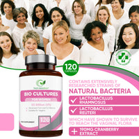 Probiotics for Women - 50 Billion CFU with Prebiotics and Cranberry – 120 Vegan Caps – Women’s Probiotic Supplement with Lactobacillus Reuteri and Acidophilus Probiotic, UK Made – Packaging May Vary