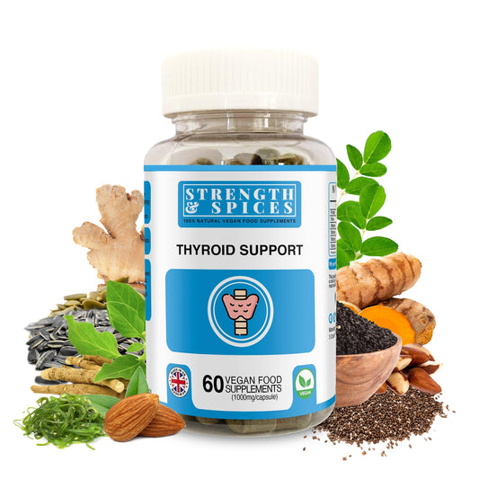 STRENGTH & SPICES100% Natural Vegan Food Supplements Strength & Spices Natural Thyroxine, Thyroid Support Supplement for Better Mood and Energy, Hormone Balance for Women and Men, Rich in Maca Root, Kelp, Ashwagandha and Brazil Nuts, 1000mg, 60 Capsules