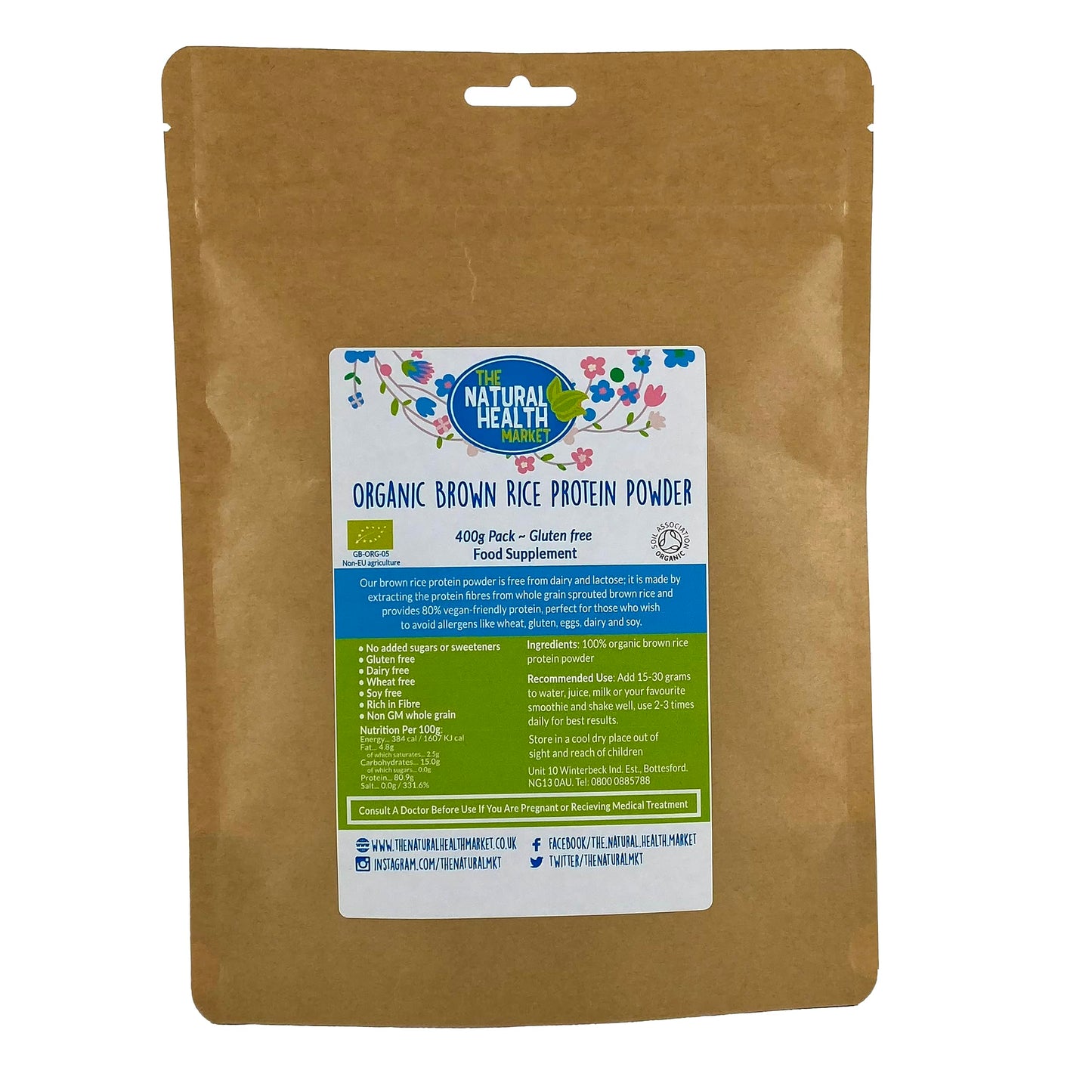 Organic Brown Rice Protein Powder By The Natural Health Market Vegan Protein Source 80% Protein By Weight (400g)