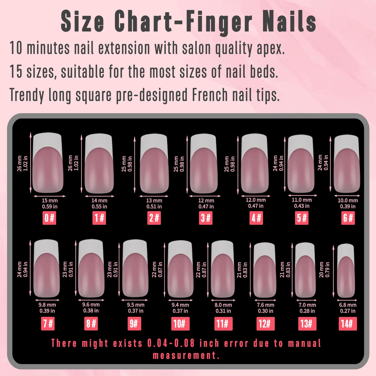 NOVO OVO French Tip Hand and Toe Nail Tips Press on kit, BERRY PINK Square Soft Gel Nail Extension, Square Round Toenails, Pre-applied Tip Primer & Base Coat, Full Cover Matte for DIY x 15 Sizes