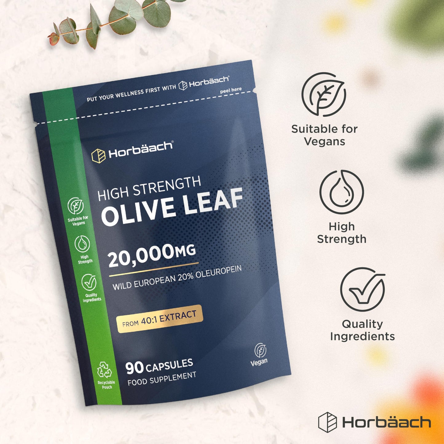 Horbäach Olive Leaf Extract Capsules 20,000mg | Wild European 20% Oleuropein | High Strength Supplement | 90 Vegan Capsules | Horbaach