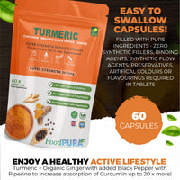 FoodPURA Turmeric Curcumin Capsules with Black Pepper & Ginger High Strength 3675mg HACCP Certified, Manufactured in The UK by FoodPURA (60)