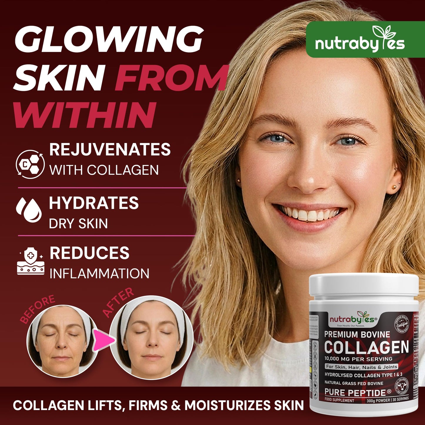 NUTRABYTES Bovine Collagen Powder 10000mg | Grass Fed Hydrolysed Collagen Peptides Type 1 & 3 | Unflavoured | Skin Hair Nails | 19 Amino Acids | Kosher Halal Certified | Women & Men | 30 Day Supply