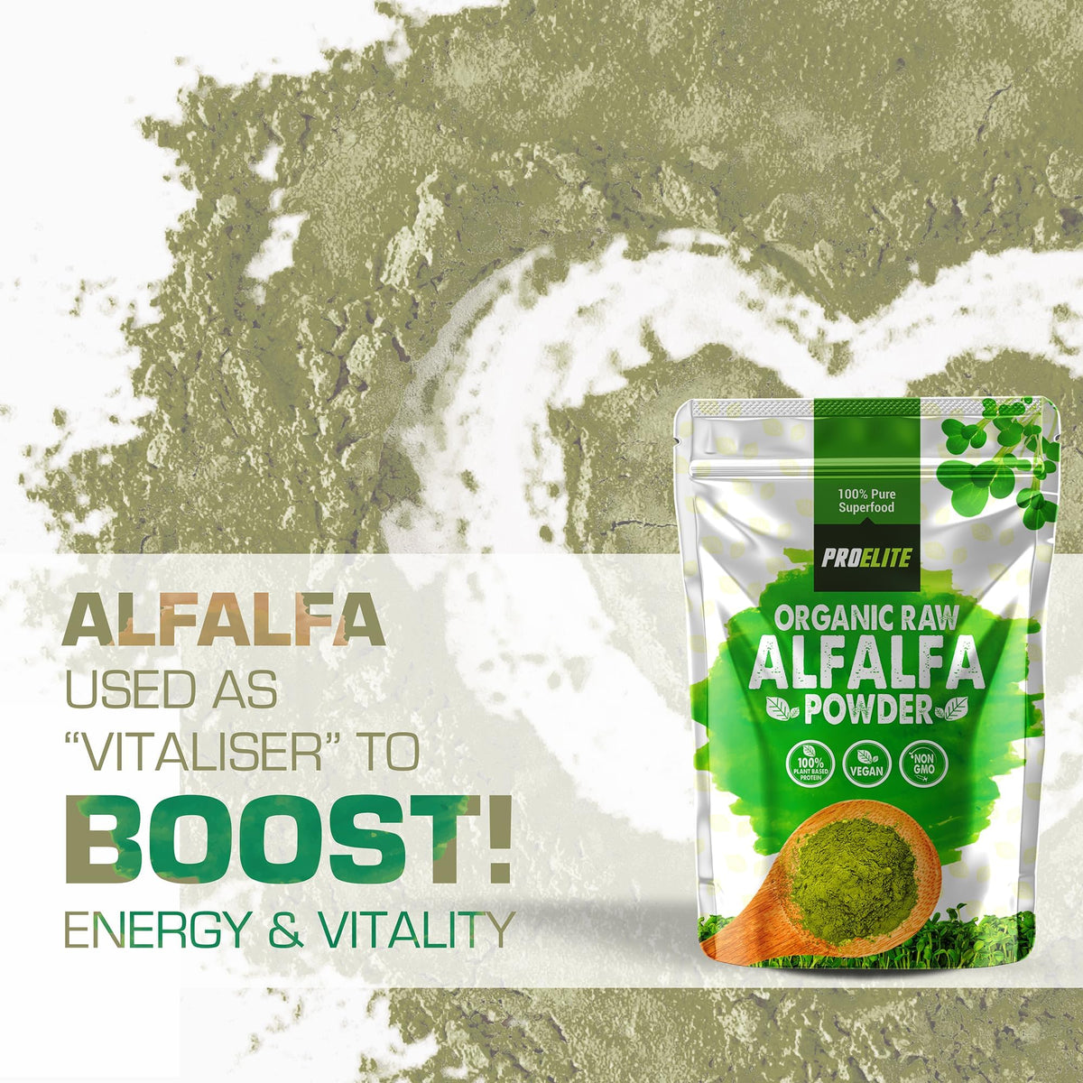 Organic Alfalfa Powder 250g Support Energy and Stress, Vegan Keto Green Superfood Supergreen Raw Natural Alfalfa Powder Juice Shots PROELITE