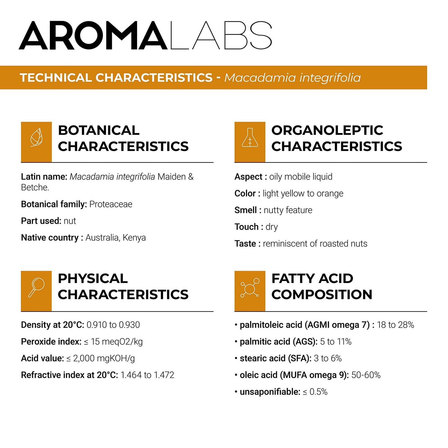 Aroma Labs ORGANIC - MACADAMIA Oil - 50mL - 100% Pure, Natural, Cold Pressed and AB Certified - AROMA LABS (French Brand)