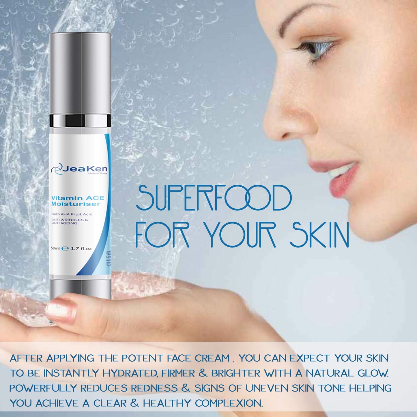 JeaKen FACE MOISTURISER with Vitamins ACE- Anti Aging Face Cream with Hyaluronic Acid and AHA Fruit Acid- Moisturiser Face Women and Men- Anti Wrinkle Face Cream Boosts Collagen Production- 50ml Vegan Bottle