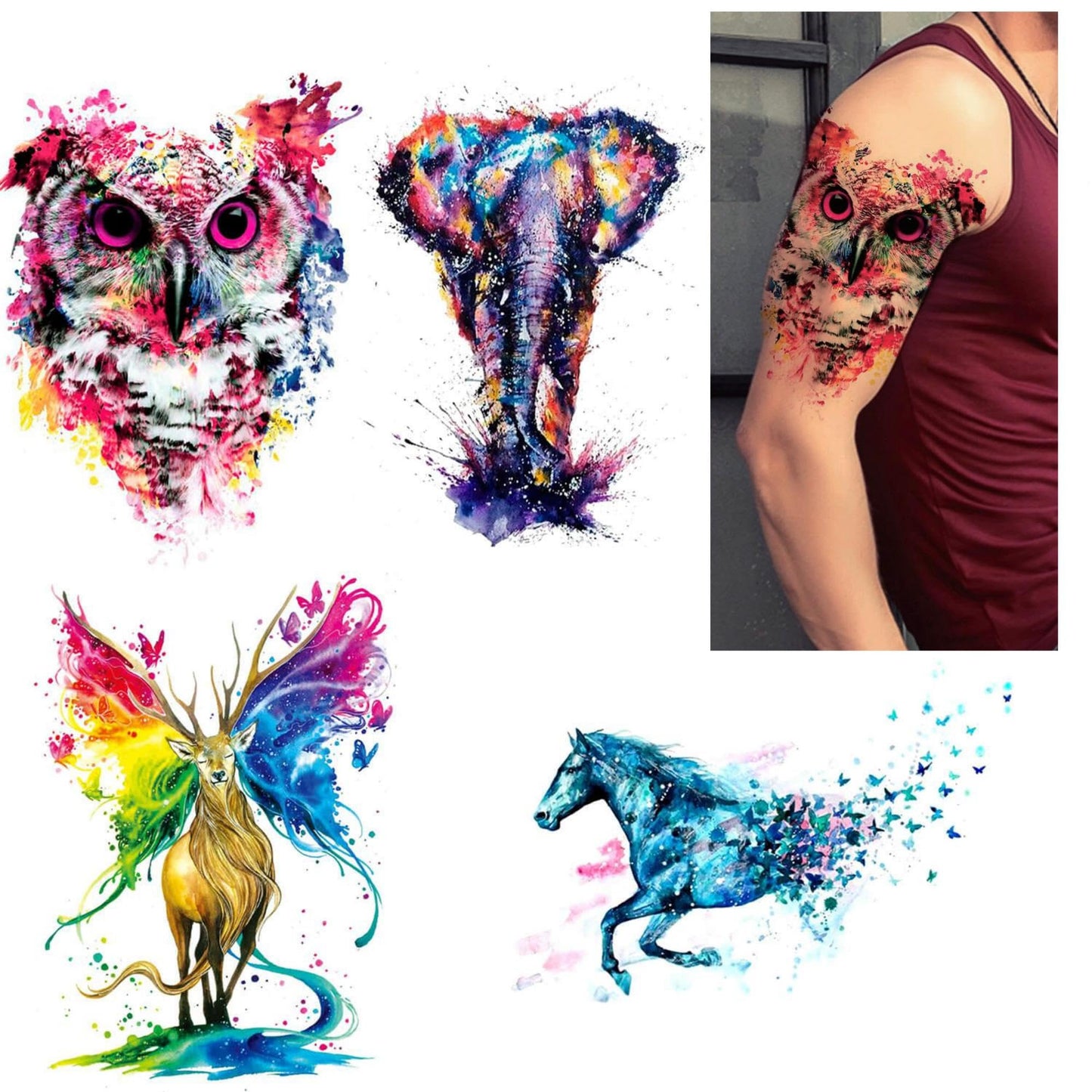 glaryyears Glaryyears Watercolor Animal Temporary Tattoos for Women Adults, 5 Pack Large Big Fake Creative Tattoo Stickers, Perfectly on Body, Rock Art, Tumblers, Smooth Surfaces