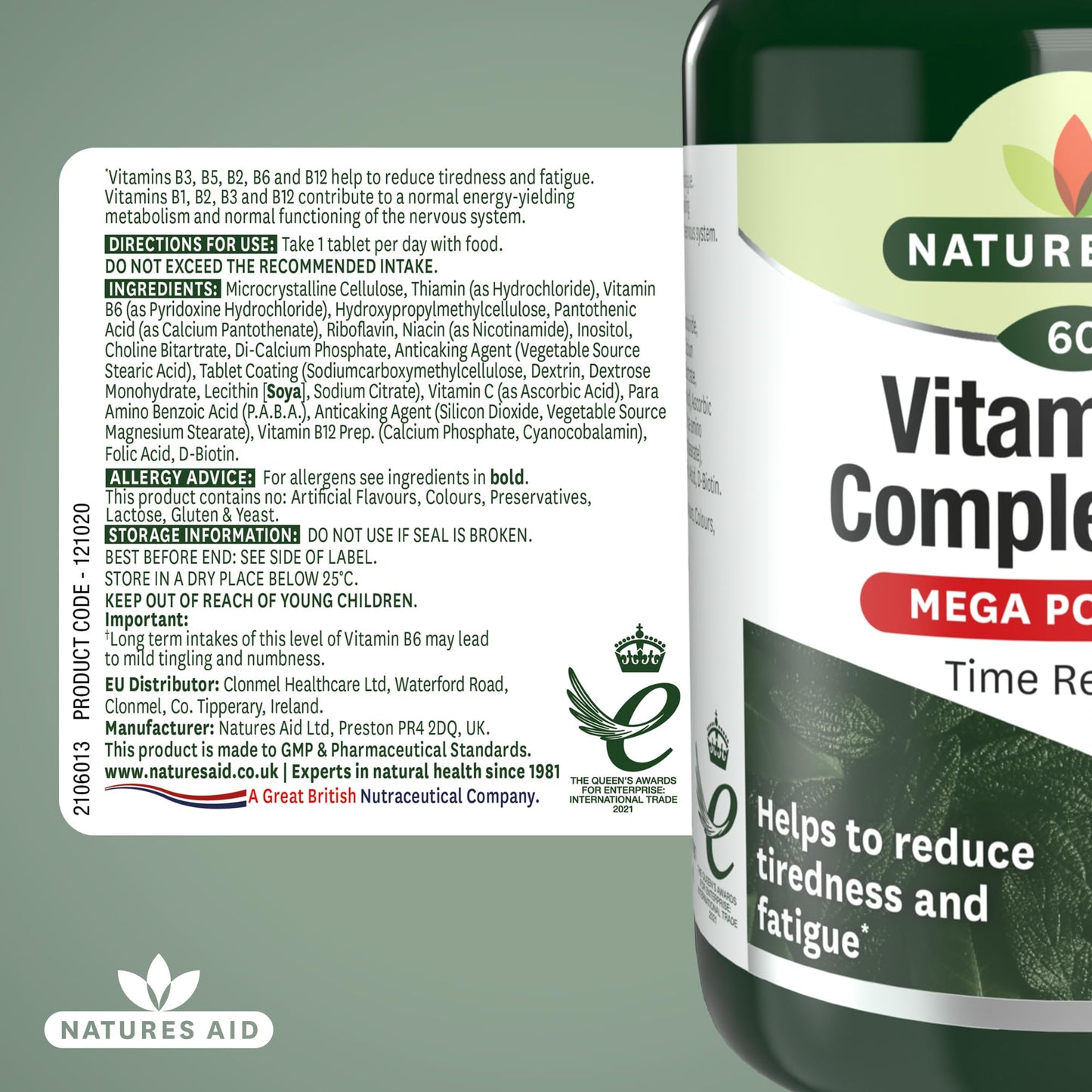 Natures Aid Vitamin B Complex 100mg – High Strength B Vitamins for Energy, Metabolism, Nervous System & Immune Support – Vegan, Gluten-Free, Non-GMO – Natural Supplement – 60 Tablets
