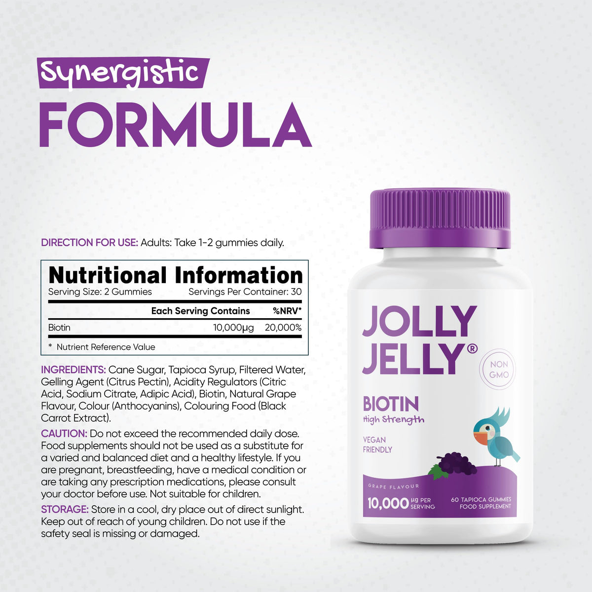 JOLLY JELLY Biotin Gummies 10,000mcg - Potent Formula for Hair Skin and Nails, Tapioca Base, Grape Flavour - Halal, Non GMO - 60 Vegan Gummies.