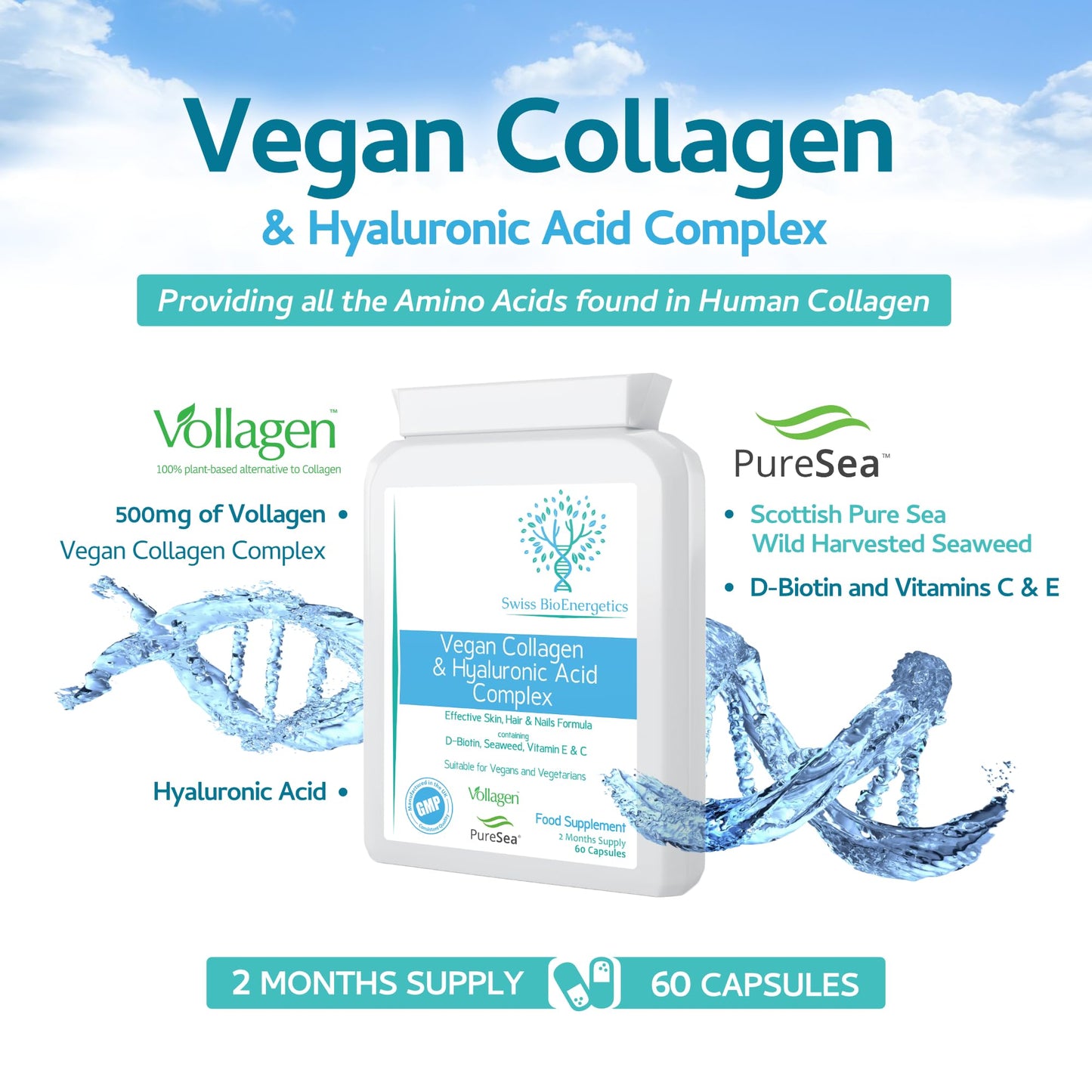 Vegan Collagen & Hyaluronic Acid Complex - 60 Capsules - Effective Skin, Hair & Nails Formula with 500mg of Vollagen in The Exact Amino ratios of Human Collagen - D-Biotin, Seaweed, Vitamins E&C