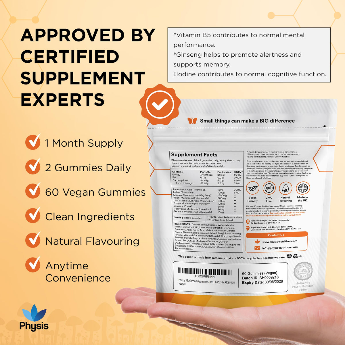 Physis Mushroom Gummies +Vitamin Complex | Attention On Mushroom Blend | Alertness Cognition Memory | Lions Mane Cordyceps Reishi Maitake Tremella Ginseng Iodine Vit B5 | 60 x Vegan Juicy Blackcurrant