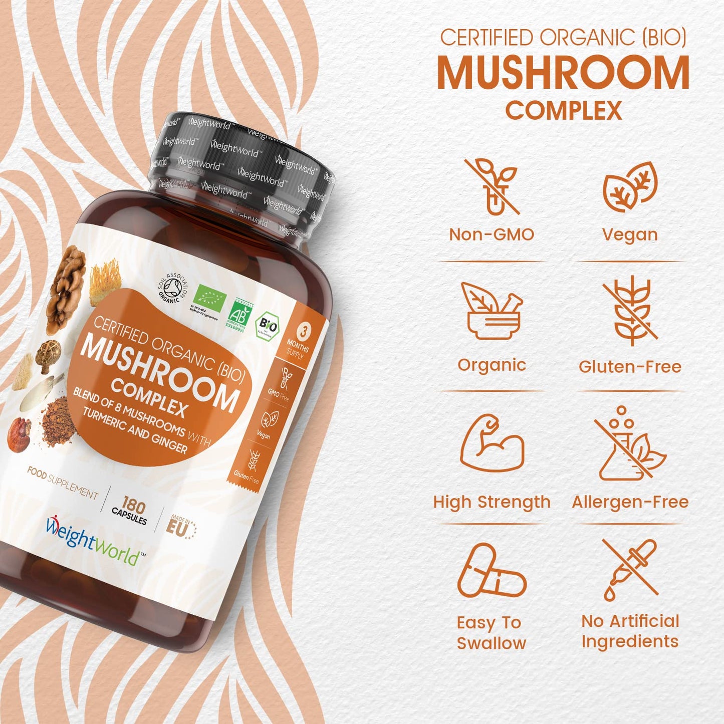 Organic Mushroom Complex 8-180 Capsules - 1000mg - Lion's Mane and 7 Mushroom Blends (Reishi, Chaga, Cordyceps, Shitake, Oyster, Maitake & Coprius) - Added Turmeric & Ginger - Vegan Capsules