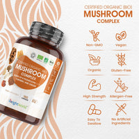 Organic Mushroom Complex 8-180 Capsules - 1000mg - Lion's Mane and 7 Mushroom Blends (Reishi, Chaga, Cordyceps, Shitake, Oyster, Maitake & Coprius) - Added Turmeric & Ginger - Vegan Capsules
