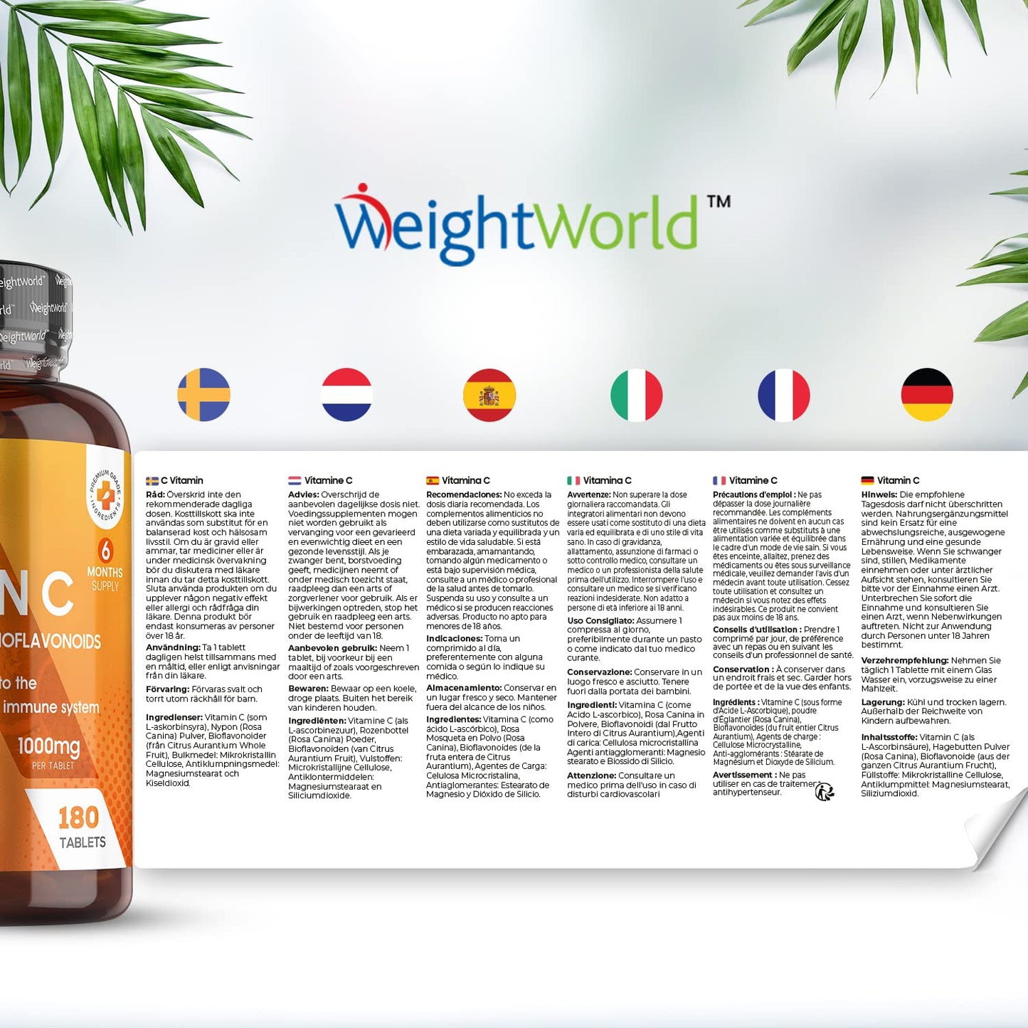 Vitamin C 1000mg – 180 High Strength Vitamin C Tablets with Rosehip & Bioflavonoids - Vegan Vitamin C Supplement (As Ascorbic Acid) for Immune System – Energy Tablets for Men & Women - Made in The UK