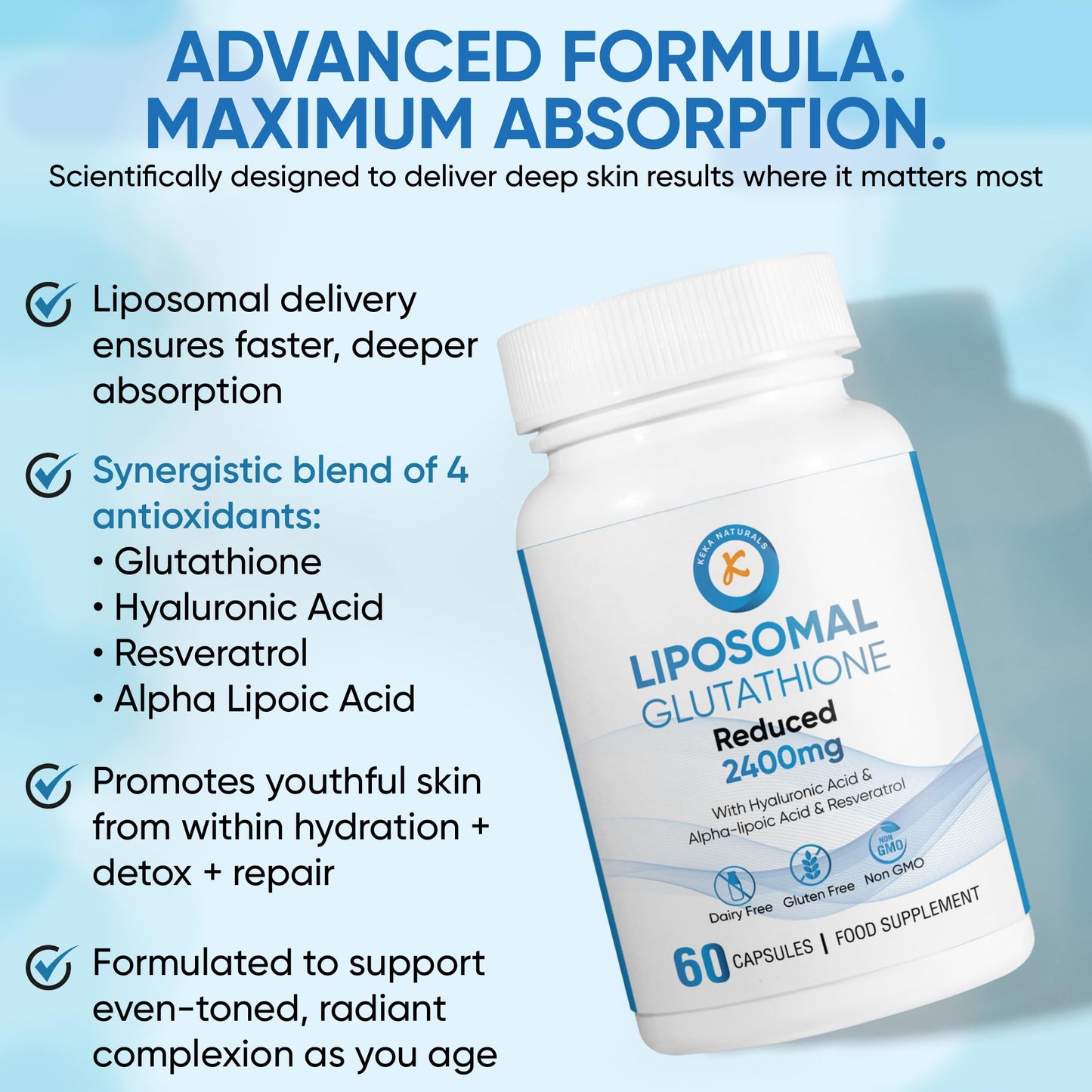 Keka Naturals Liposomal Glutathione 2400mg, with Hyaluronic Acid, Resveratrol, Active Form L-Glutathione Reduced (GSH) Max Absorption, 60 Capsules