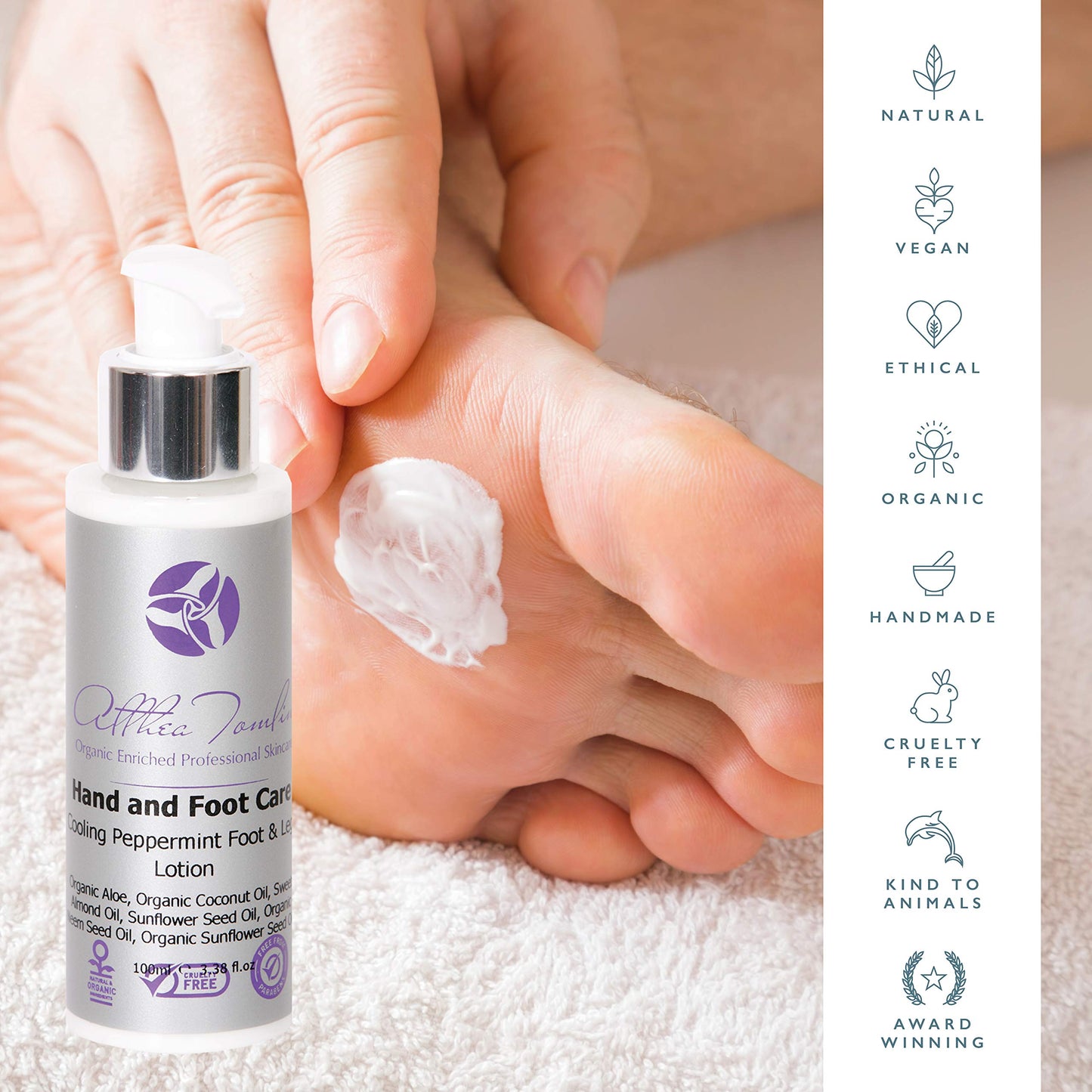 Althea Tomlin Peppermint cool foot lotion organic, foot cooling cream, aloe vera and peppermint oils foot cooling lotion for hot feet and smelly feet, foot cooling products, vegan, paraben free.