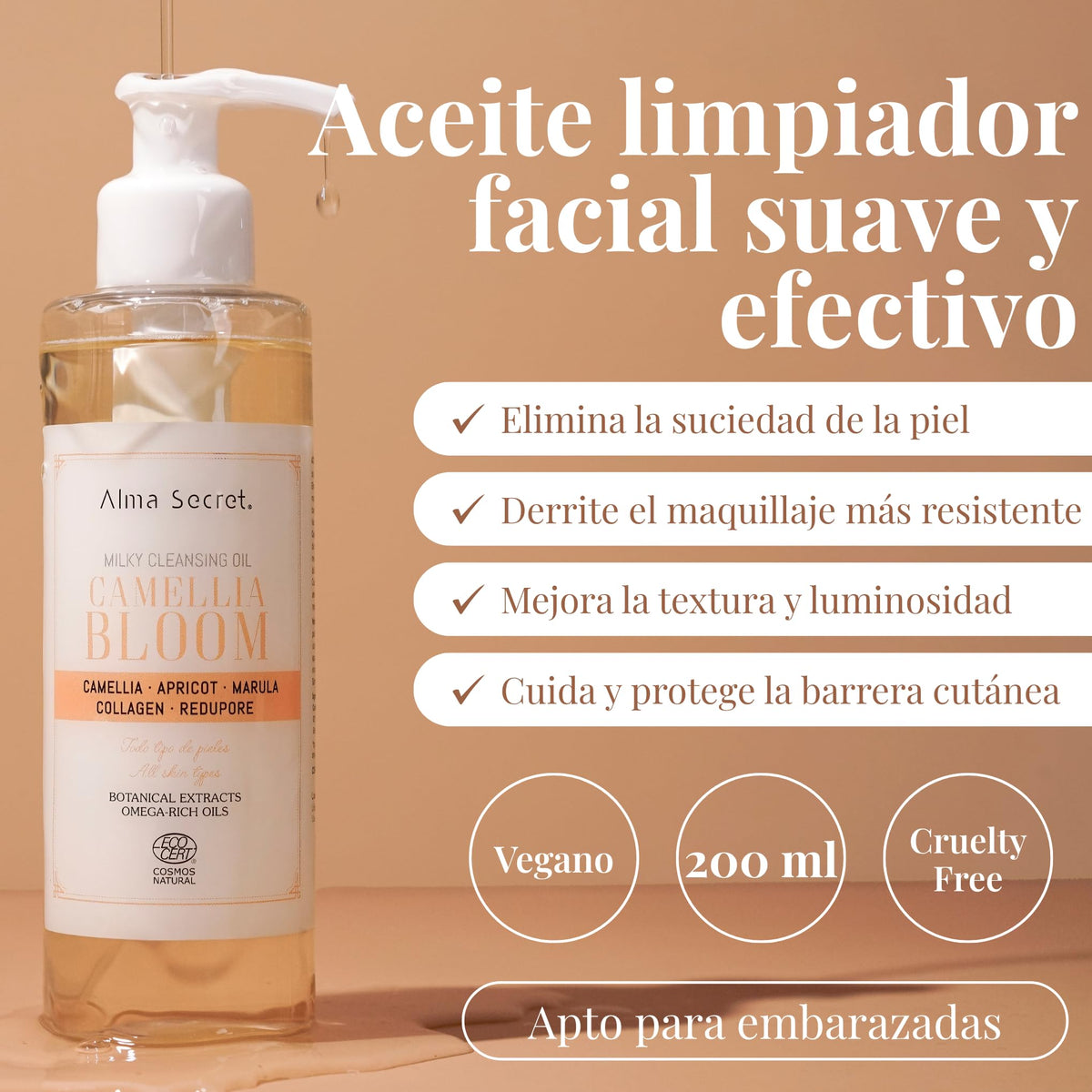 ALMA SECRET Camellia Bloom Facial Cleansing Oil - Face Makeup Oil with Vegan Collagen, Redupore and Green Tea Extracts, Makeup Oil for All Skin Types Vegan, Ecocert Certified, 200 ml