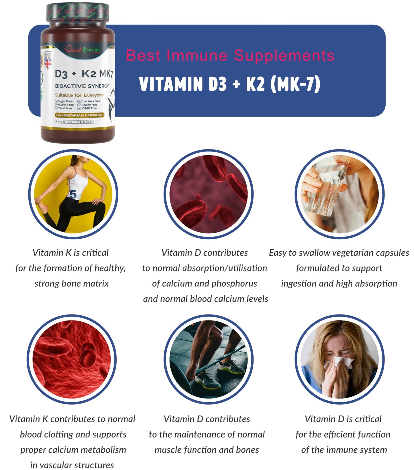 Best Immune International Vitamin D3 2000IU K2 MK7 100mcg Natural Premium Quality 100 Capsules Immune Support Perfect Proportions Maximum Absorption