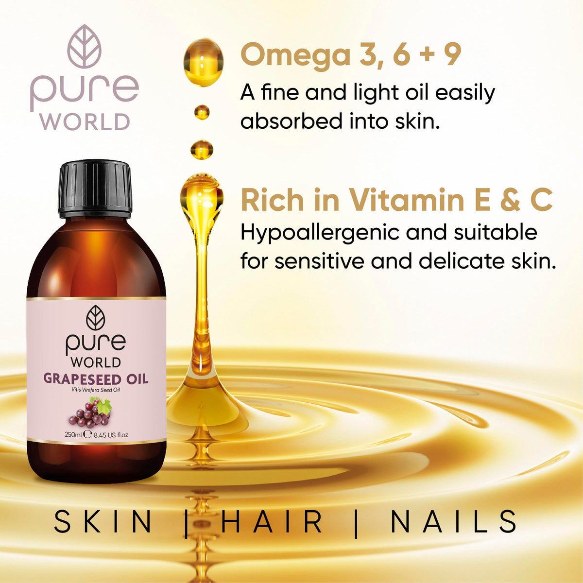 Pure World Natural Grapeseed Oil 100% Pure and Undiluted. 250ml. Premium Italian Quality Grapeseed oil – Aromatherapy, Massage, Skin, Nails, Body and Face, Edible Vegan