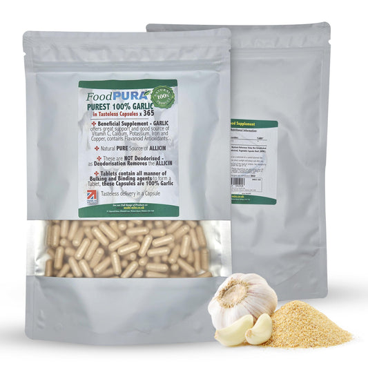 FoodPURA Pure Garlic Capsules Recommended Daily Strength 1000mg HACCP Certified, Manufactured in The UK by FoodPURA 1 Pack of 365 Capsules