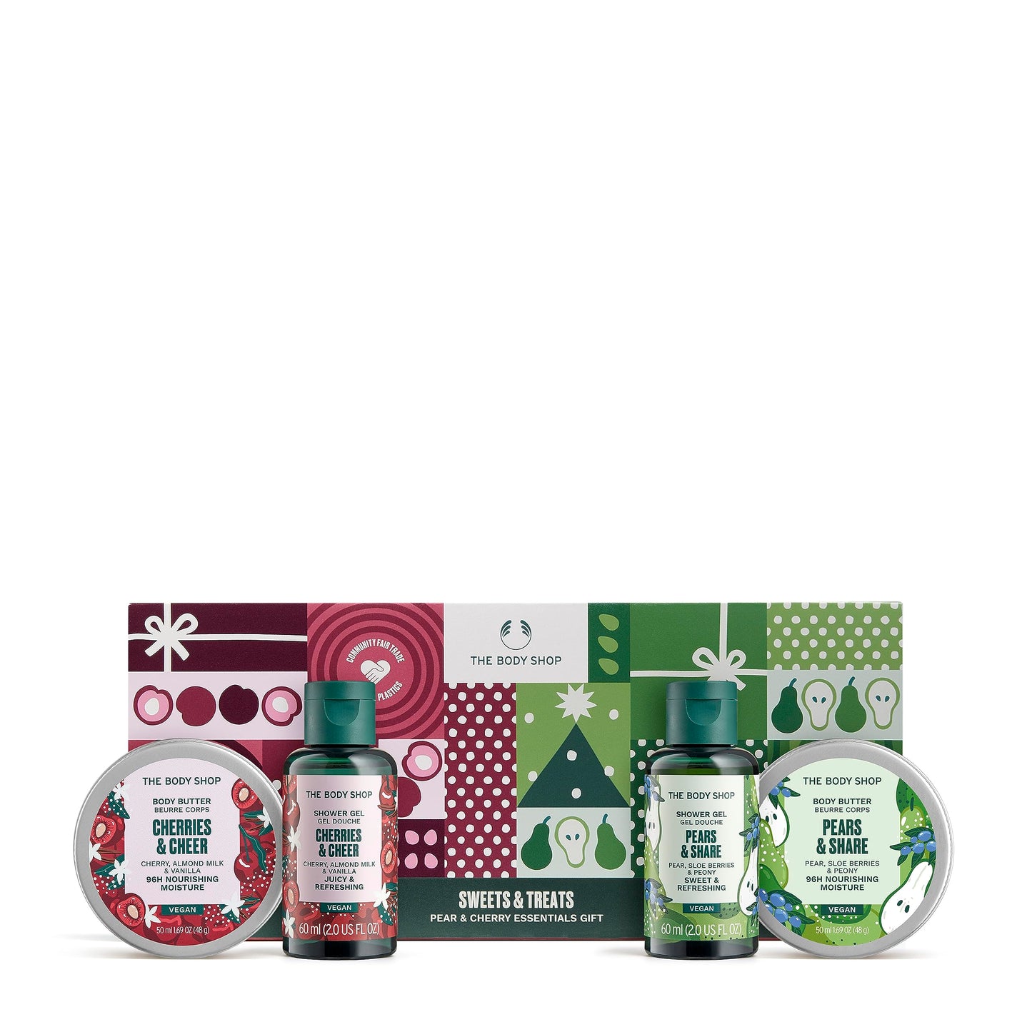 The Body Shop 4 Piece set Sweets Treats Pear and Cherry Essential Gift Body Butter 50ml Shower gel 60ml