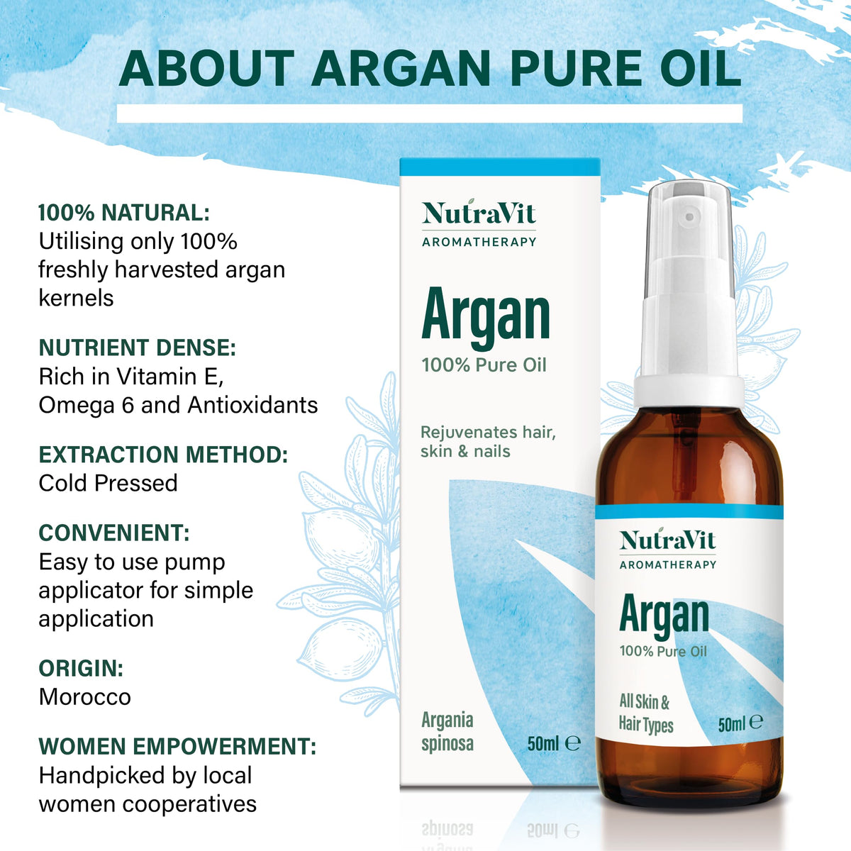 NutraVit - Moroccan Argan Oil | 100% Pure Argan Oil (Argania spinosa) - 50ml - Argan Oil for Hair, Skin, Face & Nails - from Morocco - Virgin, Cold Pressed, Deodorised, Hexane-Free & Vegan