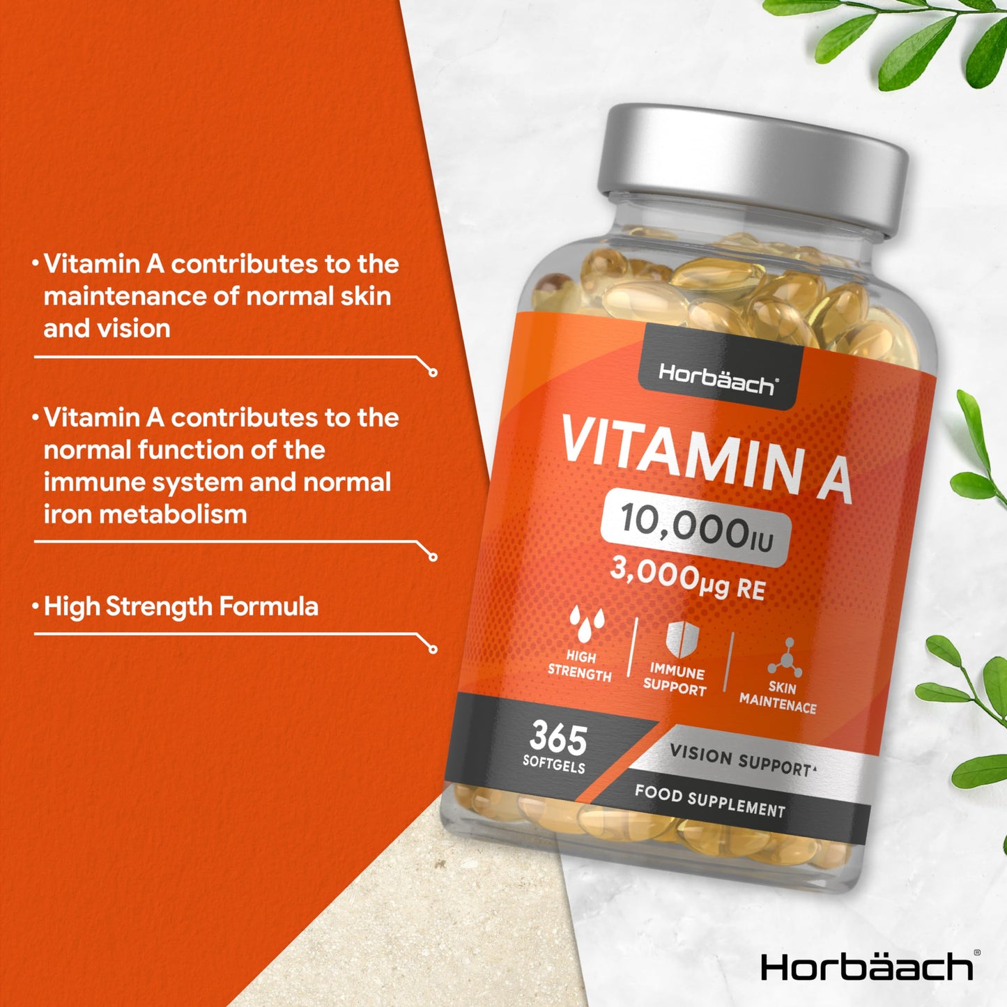 Vitamin A Capsules 10,000iu | 365 Count | High Strength Immune, Skin and Vision Support Supplement | by Horbaach