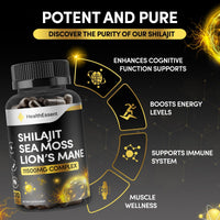 HealthEssent Shilajit Seamoss and Lions Mane Capsules, 11500mg 3-in-1 Brain & Focus Supplement with Ashwagandha & Black Pepper, High Strength Lions Mane Shilajit Blend for Energy & Immunity,120 Vegan Capsules