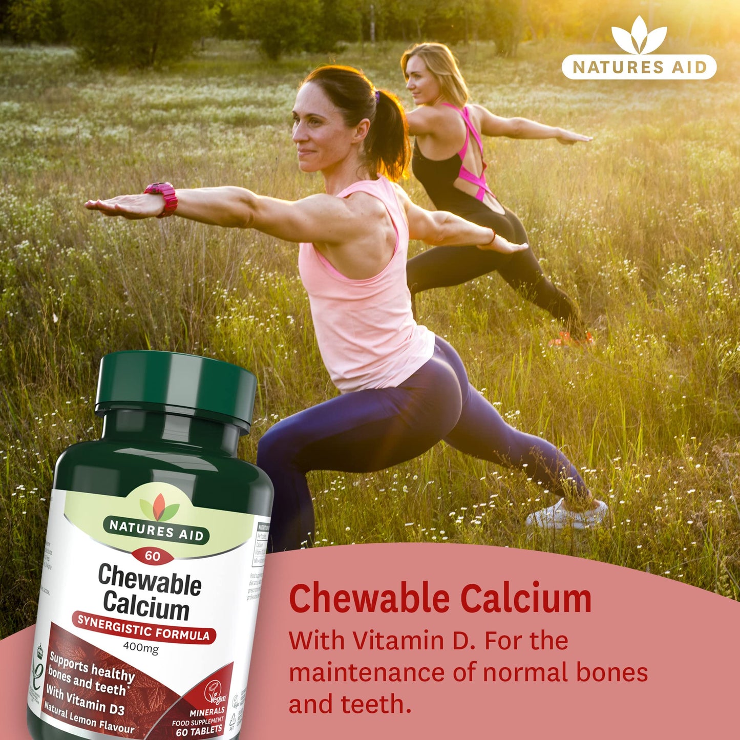 Natures Aid Chewable Calcium, 400 mg with Vitamin D3, 60 Tablets (for the Maintenance of Normal Bones and Teeth, Vegan Society Approved, Made in the UK)