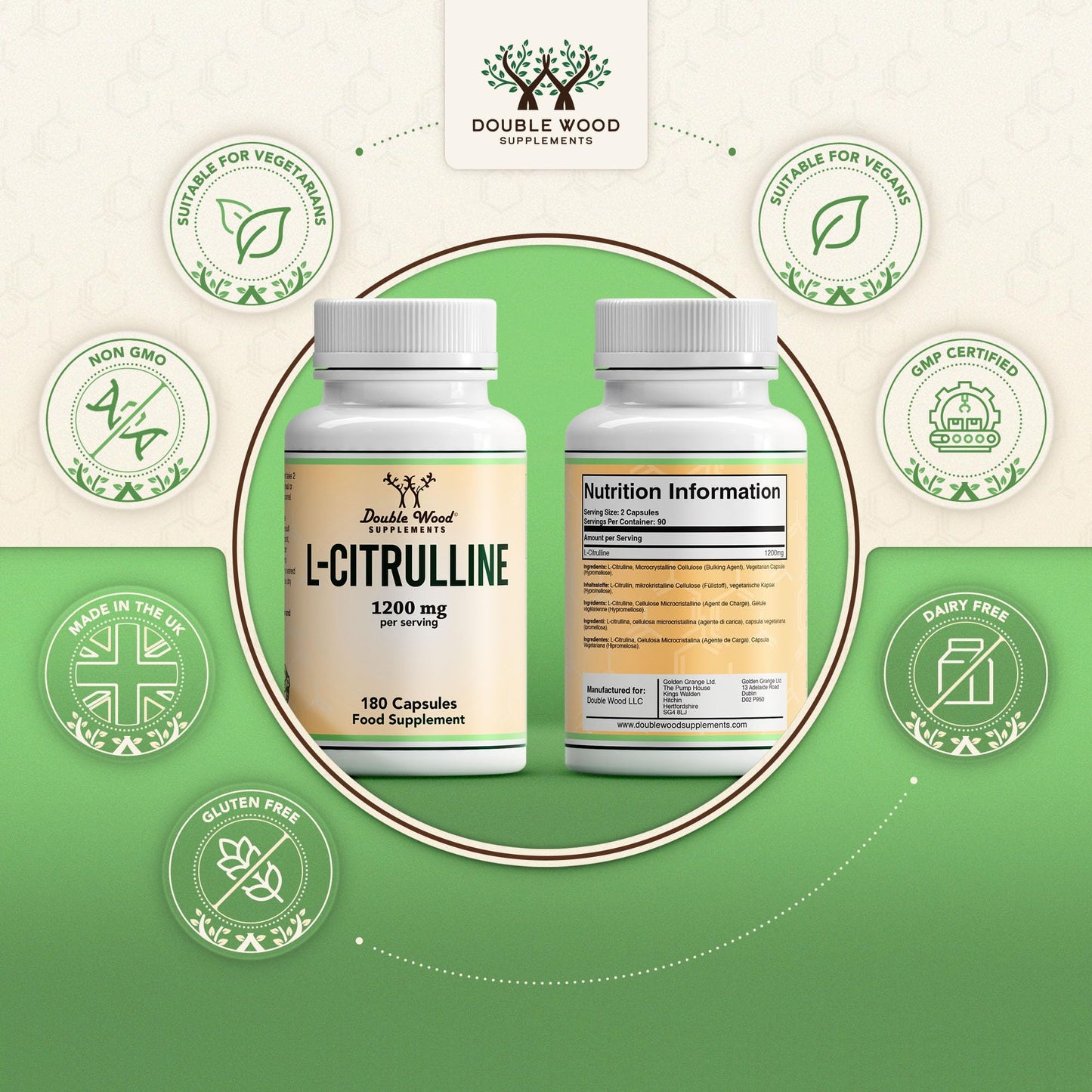 Double Wood Supplements Double Wood L Citrulline | 180 L-Citrulline Capsules - 1200mg L Citrulline per Serving | 90 Servings | Nitric Oxide Supplement | Promotes Cardiovascular and Muscle Health | Non-GMO | UK Manufactured