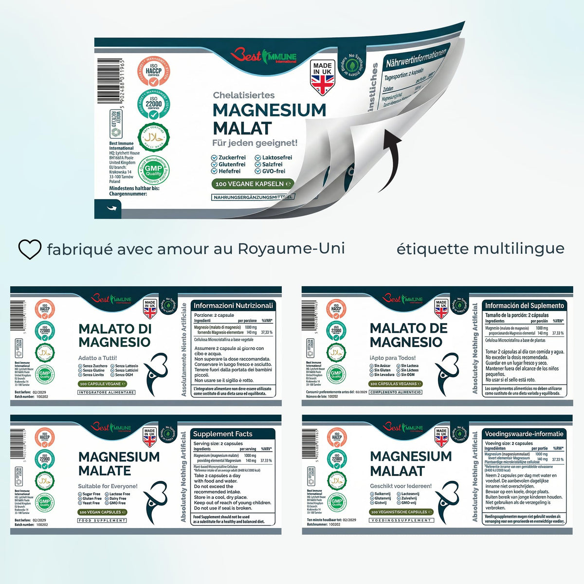 Best Immune International Best Immune, Magnesium Malate 500mg – High Strength Supplement for Absorption and Energy Support – 100 Vegan Capsules