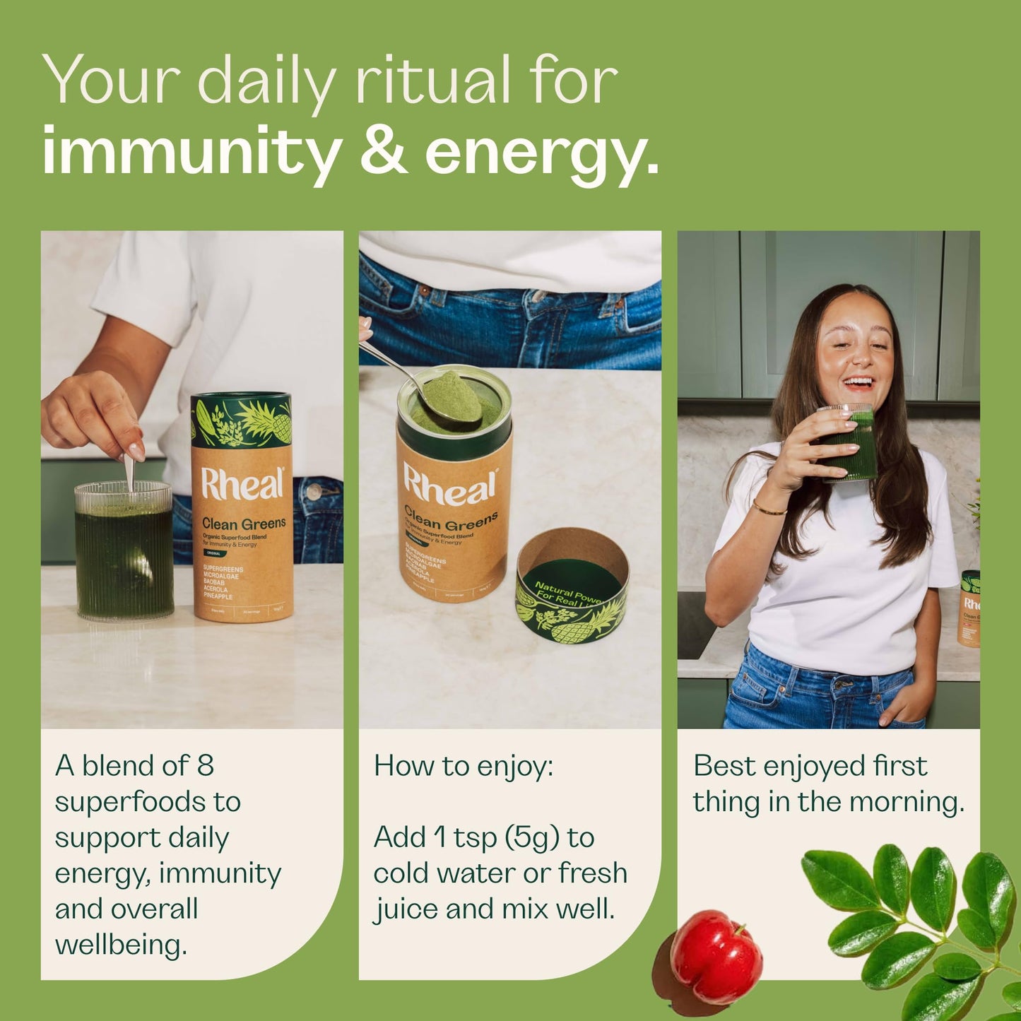 Rheal Clean Greens 150 g, Organic Superfood Greens Powder for Daily Energy & Immunity Support – Certified Organic with Spirulina, Moringa & Wheatgrass – Vegan – 30 Servings, Original