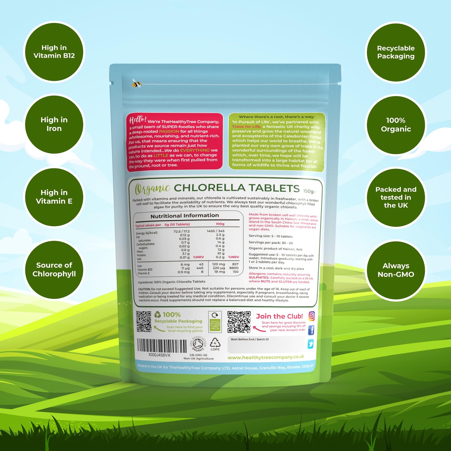 Organic Chlorella Tablets by TheHealthyTree Company - High in Vitamin B12 and E, Iron, Protein and Amino Acids - UK Certified Cracked Cell Wall Vegan Chlorella, 300 x 500mg (150g)