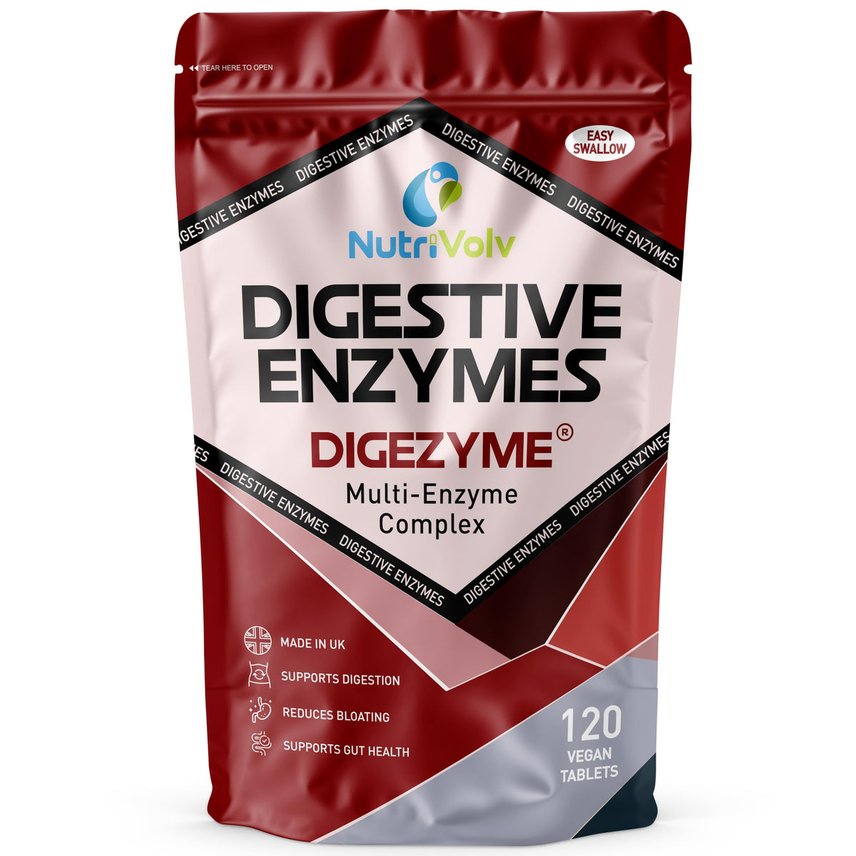 Digestive Enzymes | 120 Tablets | DigeZyme® | Contains Amylase, Lactase, Lipase, Protease & Cellulase | Digestion Support, Gut Health, Bloating & Discomfort Relief | Vegan | UK Made | by NutriVolv