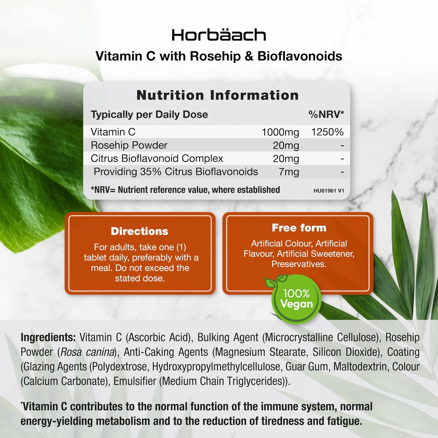 Horbäach Vitamin C Tablets 1000mg | 180 Tablets | Complex Supplement with Rosehip and Bioflavonoids | Vegan and Vegetarian Friendly | by Horbaach