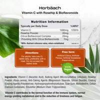 Horbäach Vitamin C Tablets 1000mg | 180 Tablets | Complex Supplement with Rosehip and Bioflavonoids | Vegan and Vegetarian Friendly | by Horbaach