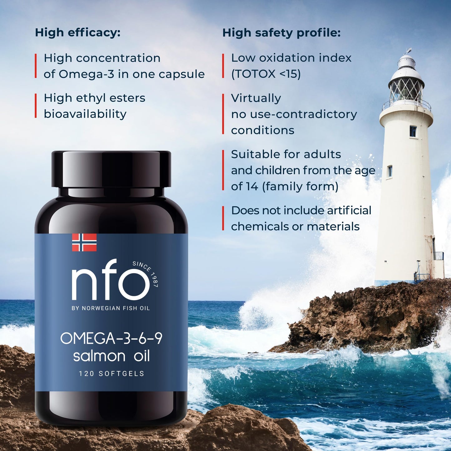 NFO Omega 3 6 9 Salmon Oil [120 Capsules] Made in Norway High-dose Salmon Oil with high DPA, EPA, DHA Concentration in The Form of triglycerides A Natural Complex with Fish Oil from Fresh Wild Fish