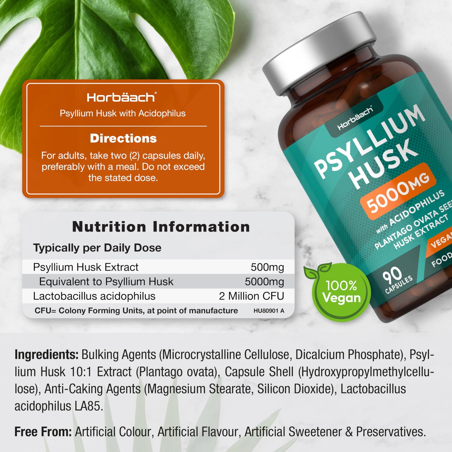 Psyllium Husks Capsules with Probiotic 5000mg | Fibre Supplement with Acidophilus Probiotic 2 Million CFU | Plantago Ovata Natural Extract | 90 Vegan Capsules | by Horbaach