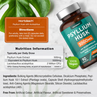 Psyllium Husks Capsules with Probiotic 5000mg | Fibre Supplement with Acidophilus Probiotic 2 Million CFU | Plantago Ovata Natural Extract | 90 Vegan Capsules | by Horbaach