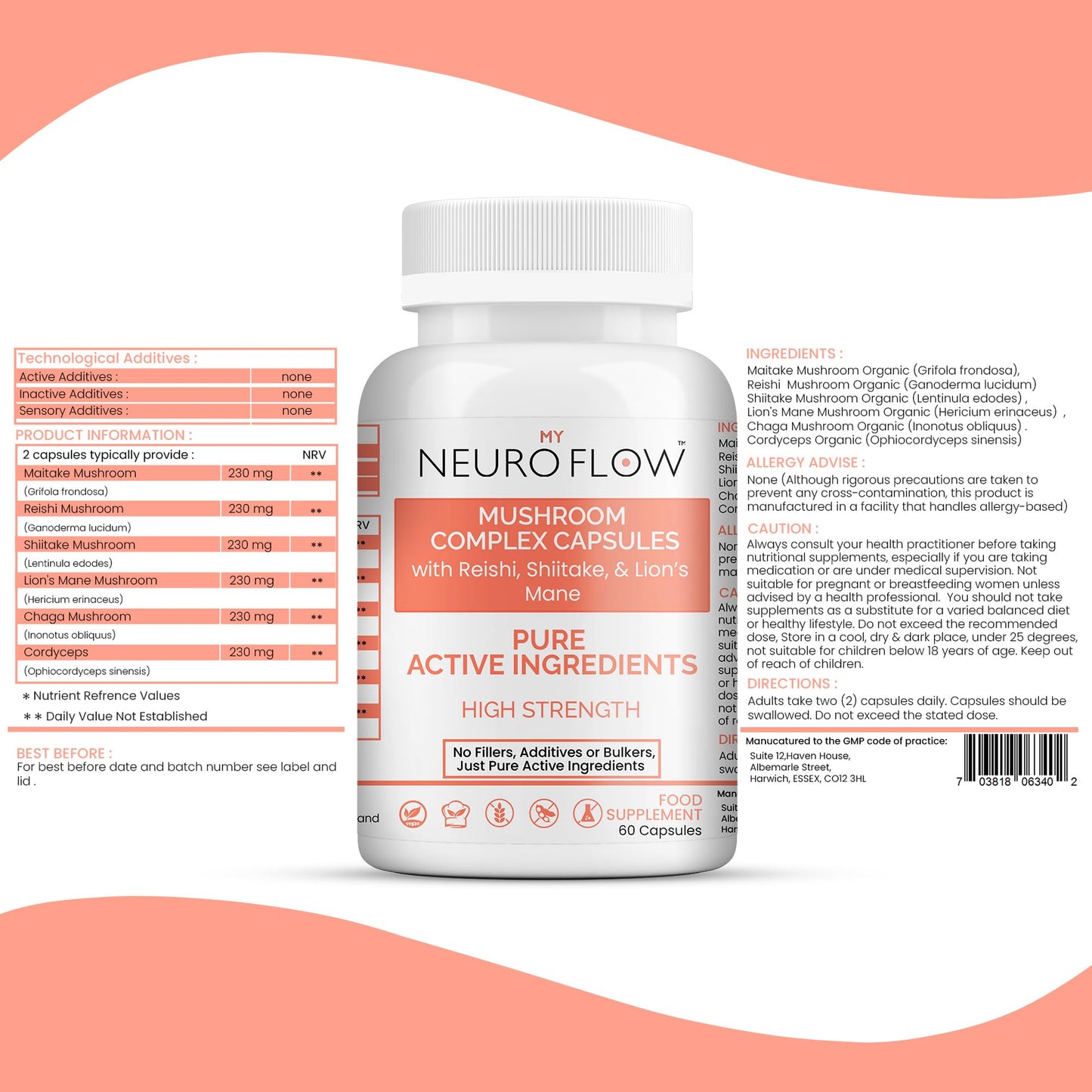 Mushroom Complex Supplement | No fillers, Additives or Bulkers, Pure Active Ingredients | High Potency Mushroom Capsules with Reishi,Shiitake and Lions Mane | 60 Capsules | Made in UK