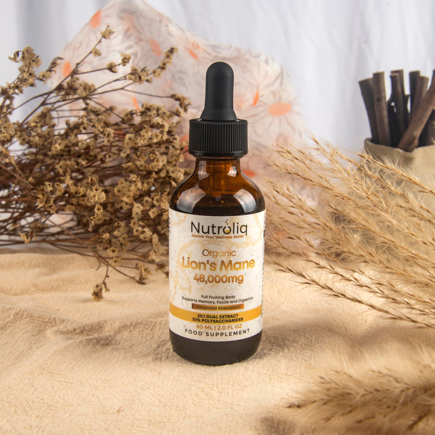 Nutroliq Lions Mane Tincture - Lions Mane Supplement with Organic Hericium Erinaceus Fruiting Body Extract - Contains 30% Polysaccharides - Vegan Formula - 800mg Per 1ml Serving - 60ml, 60-Day Supply