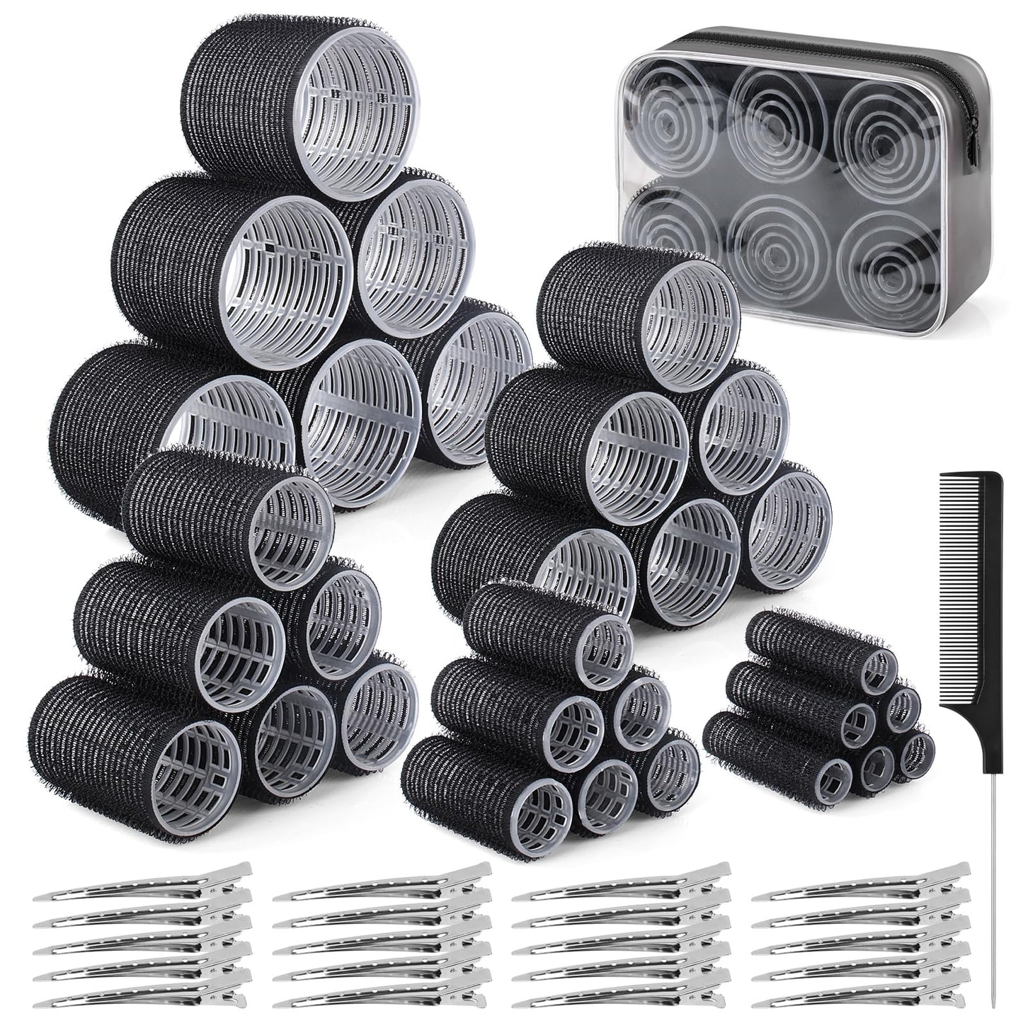 BELICOO 60 PCS Hair Rollers with Clips, 5 Sizes(60/48/36/25/15mm) Hair Curlers Rollers with 28 Metal Clips, Perfect for Long Medium Short Thick Hair (Black)