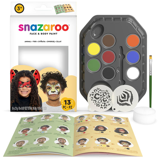 Snazaroo Animal World Face Painting Palette Kit for Kids & Adults, 8 Colours, 13pcs, Stencils, Brush, Sponge, Guide, Water Based, Easily Washable, Non-Toxic, Makeup, Body Painting & Parties