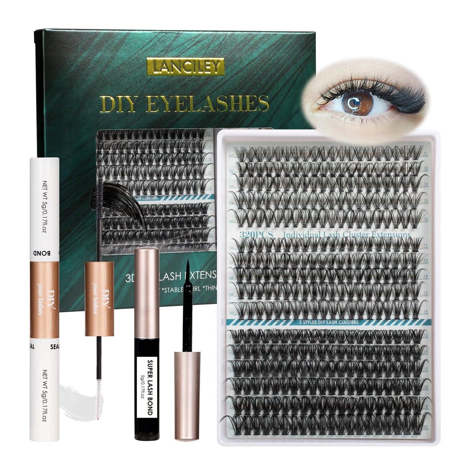 Lanciley Cluster Lashes Kit 320 PCS Individual Eyelashes 30D+40D+60D Eyelash Clusters Fluffy Lashes 11-20mm Eyelash Extension Kit Natural Lash Clusters Lash Clusters with Bond and Glue at Home-30D+40D+60D