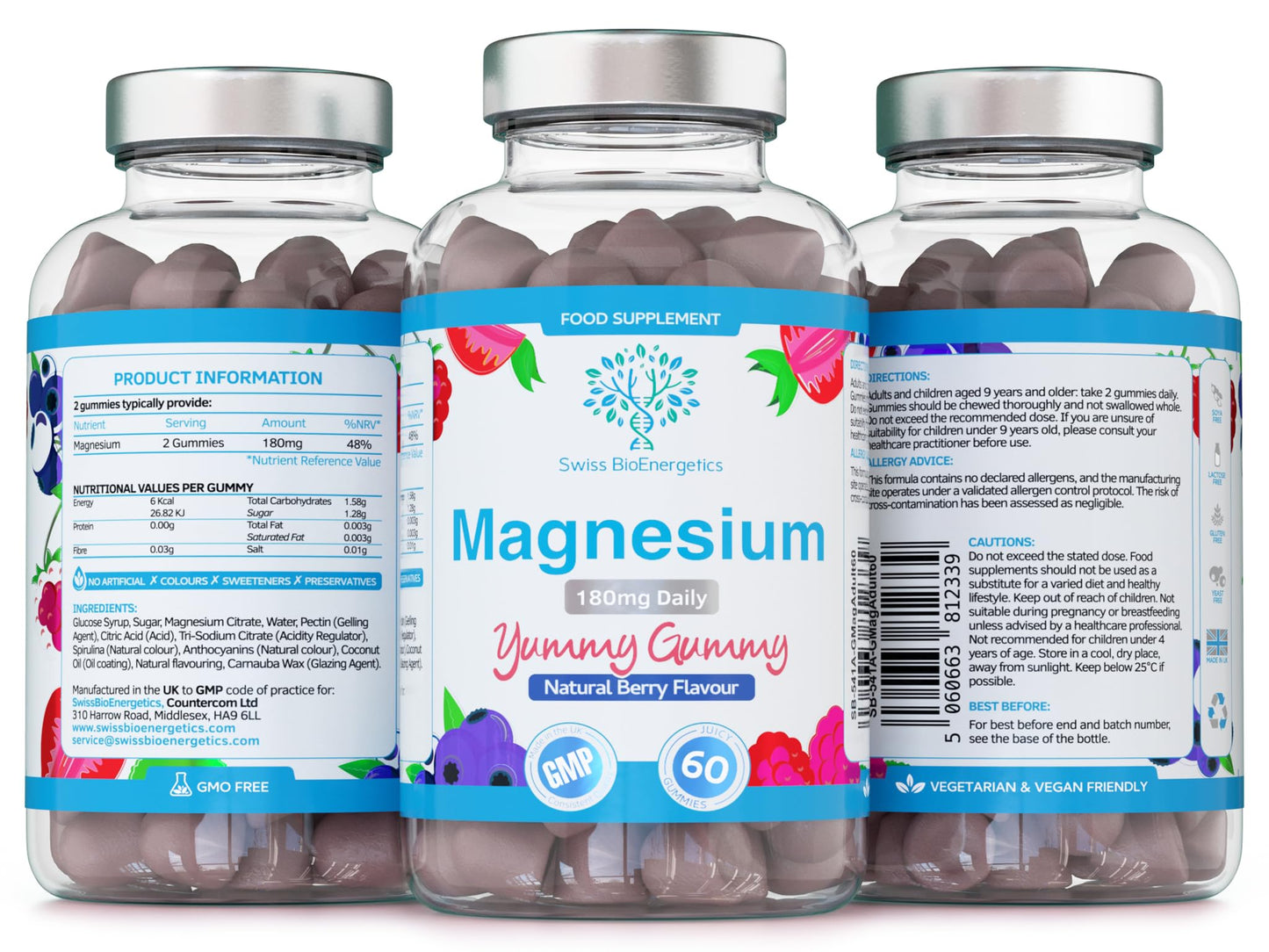 swiss bioenergetics Magnesium Gummies, Providing 180mg Daily dose of Elemental Magnesium from Citrate - 60 Natural Berry Flavour Chewable Yummy Gummies for Better Sleep, Muscle and Nerve Support - UK Made