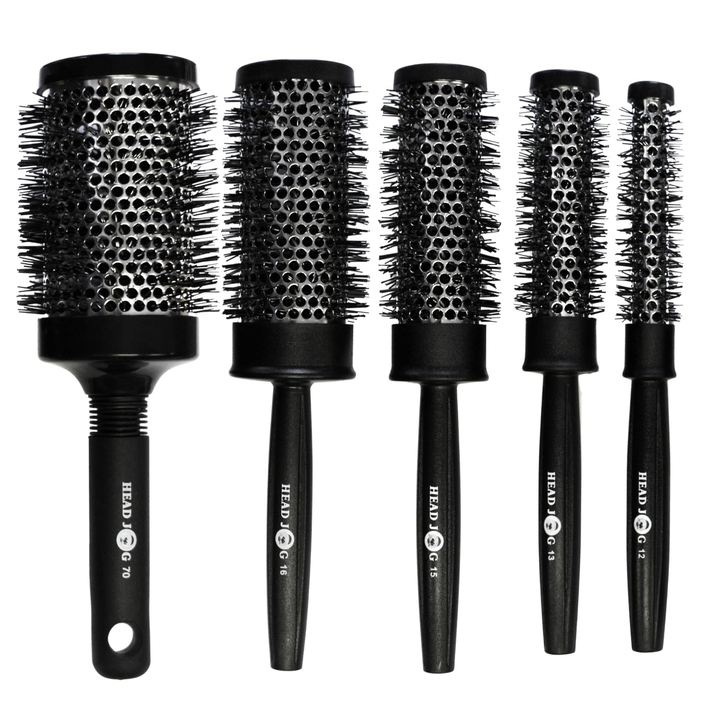 Head Jog Heat Retainer Brush. Black & Silver Styling Round Hairbrush With Metal Barrel For Fast Drying. Round Vent Brush Comb For Styling, Blow Drying, Straightening & Curling. (4 Brush Set)