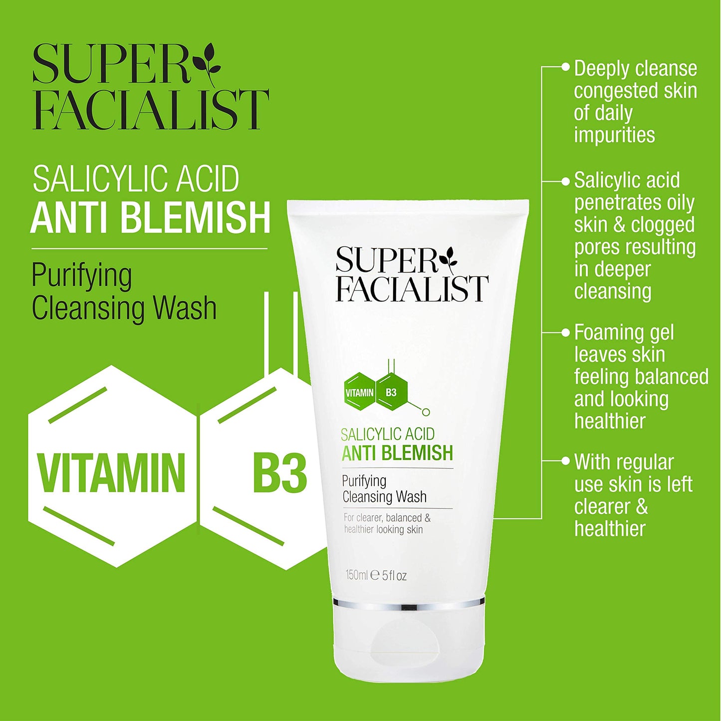 Super Facialist - Anti Blemish Purifying Cleasning Wash with Salicylic Acid & Niacinamide (Vitamin B3) , Face Cleanser & Face Wash for Clean and Clear Skin & Treat Ance, 150ml