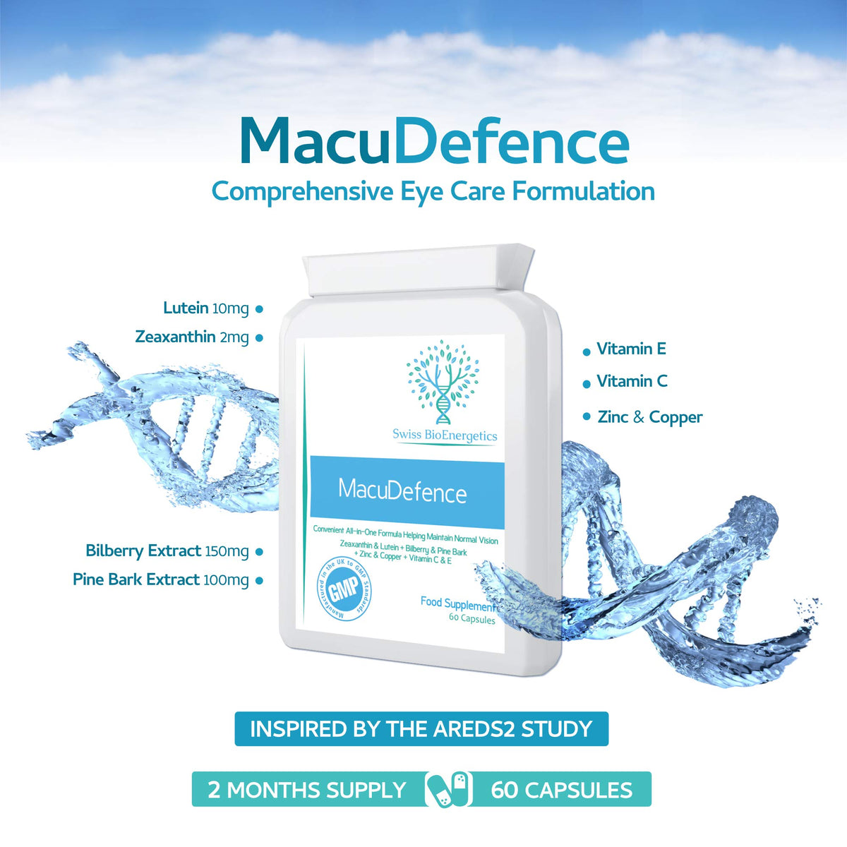 swiss bioenergetics MacuDefence Eye Health Supplement - AREDS 2 Plus Formula with Lutein, Zeaxanthin, Bilberry, Pine Bark and Essential Eye Vitamins & Minerals - Supporting Vision & Macular Health - 60 Capsules UK Made