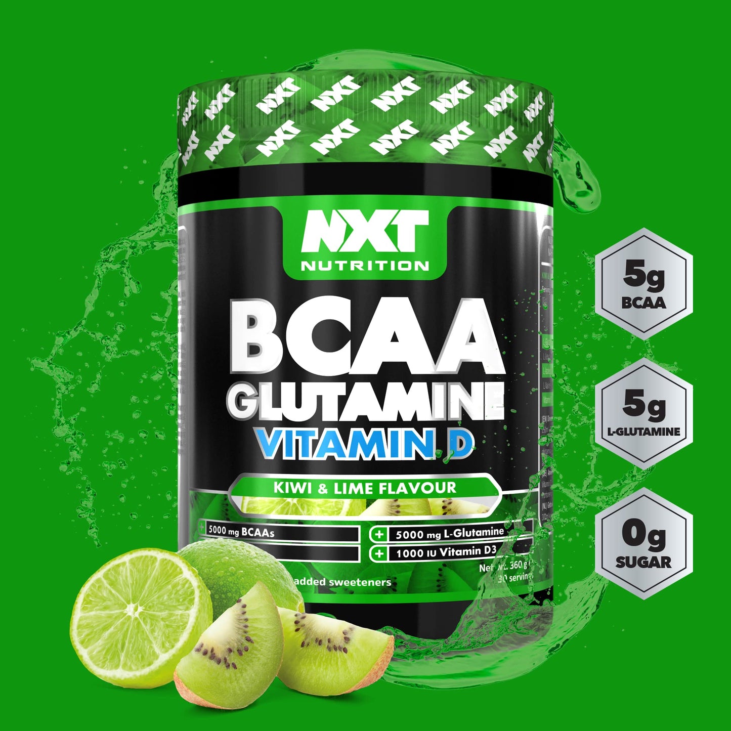 NXT Nutrition BCAA, Glutamine & Vitamin D | BCAAs Amino Acids with Vitamin D3 and L-Glutamine - for Recovery, Gut Health and Muscle Protein Synthesis | 360g - 30 Servings (Kiwi Lime)